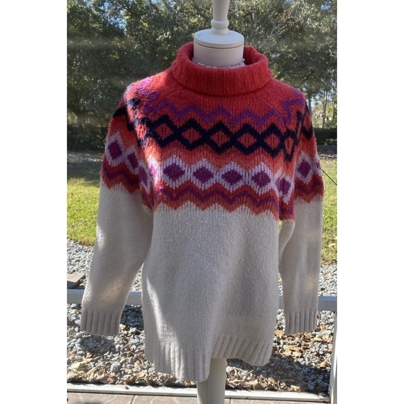 aerie Sweaters - Wool Blend Aerie Ivory/Pink Stripe Design Cowl Neck Oversized Knit Size M Cozy